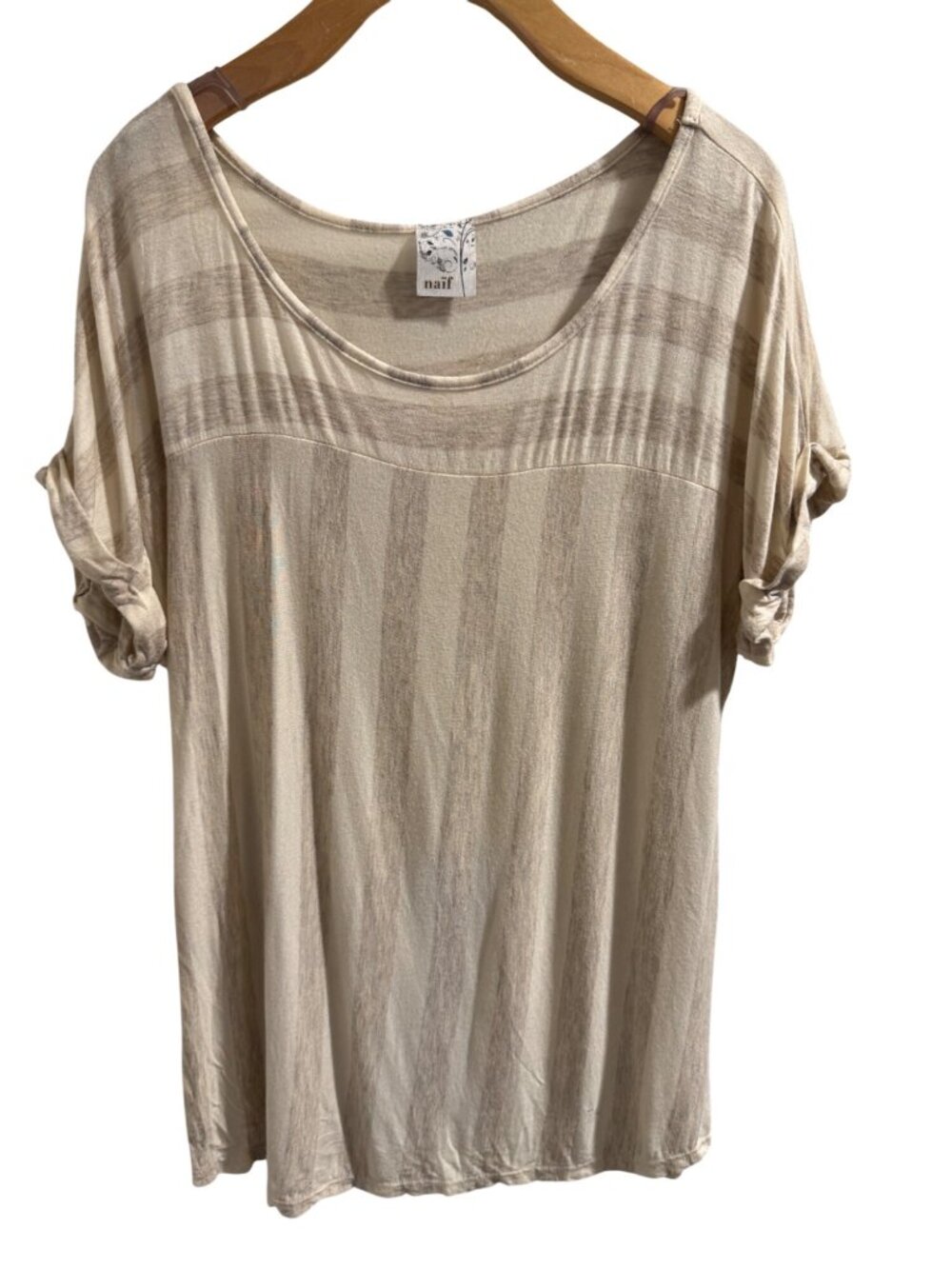 Naif Beige Striped Short Sleeve Tunic Top With Rolled Cuffs Size M